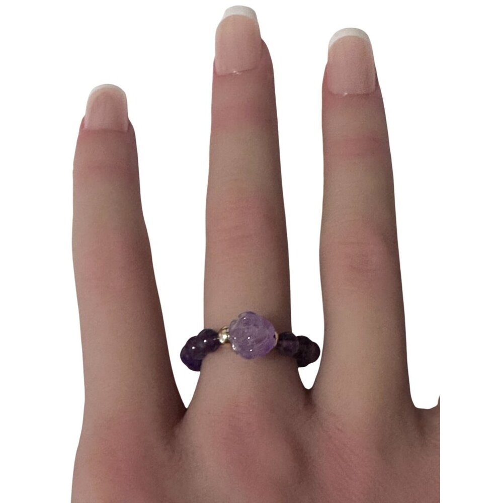 Amethyst Flower Gemstone Beads Stretch Ring with 14K Gold Bead - Picture 3 of 3